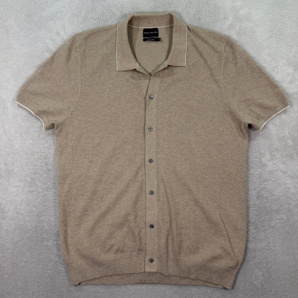 Mack Weldon Mens XXL Tech Linen Polo Cardigan Tan Beige Button Front Knit Shirt